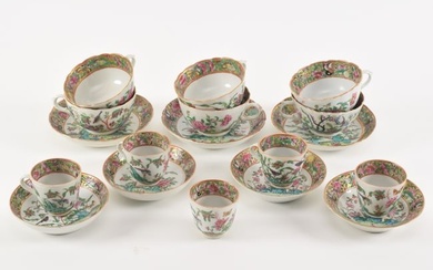 [18] 19th century Chinese export famille rose porcelain pieces. 6 cups and 3 saucers, 5 cups and 4