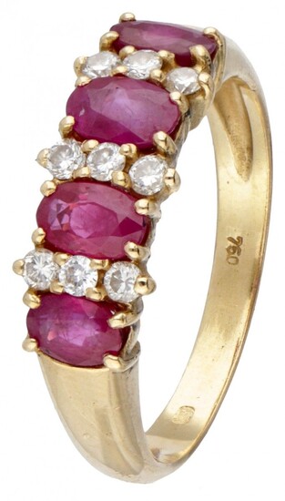 18K. Yellow gold ring set with approx. 0.18 ct. diamond and approx. 1.28 ct. ruby....