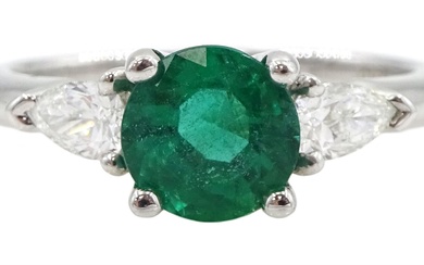 18ct white gold three stone round emerald and pear shaped diamond ring