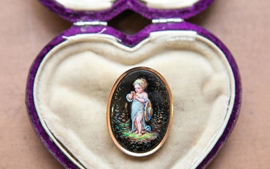 18k Victorian Enamel Portrait Pin of Girl with Bonnet