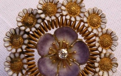 19C ENGLISH 18K ENAMELED GOLD DIMOND BROOCH NECKLACE
