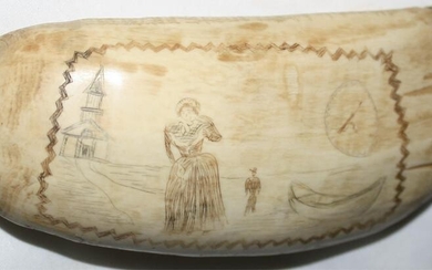 19TH CENTURY SCRIMSHAW WHALE'S TOOTH, DEPICTING A