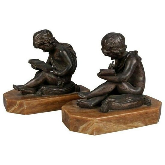 19th C. Bronze & Marble Figural Bookends after Lemire