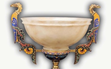 19th C. French Champleve Bronze Onyx Marble Centerpiece