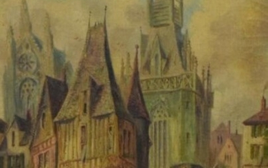 19th Century Oil on Canvas Village and Cathedral