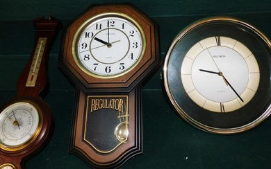 2 Decorative Wall Clocks & Mahogany Barometer