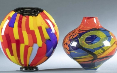 2 Multicolored art glass vases, artist signed.