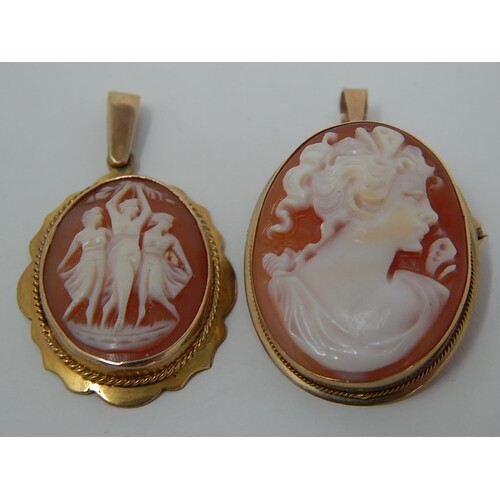 2 x vintage 9ct Gold cameo brooches: 8987