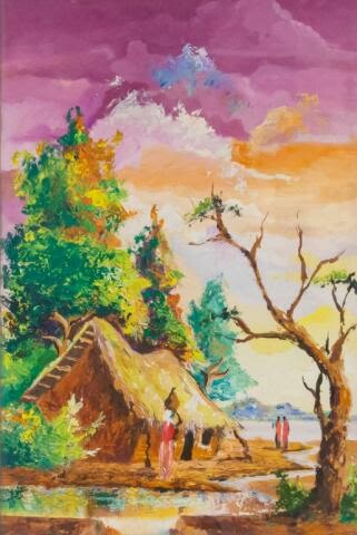 20th Century Acrylic on Canvas African Village