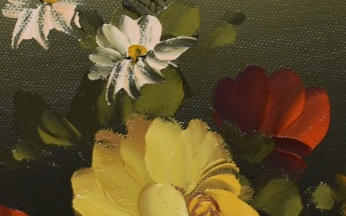 20th Century School, oil on canvas, An oval still life arrangement of flowers, signed to the lower