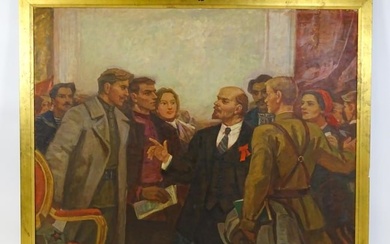 20th century, USSR / Russian School, Oil on canvas, An interior scene with Vladimir Lenin addressing