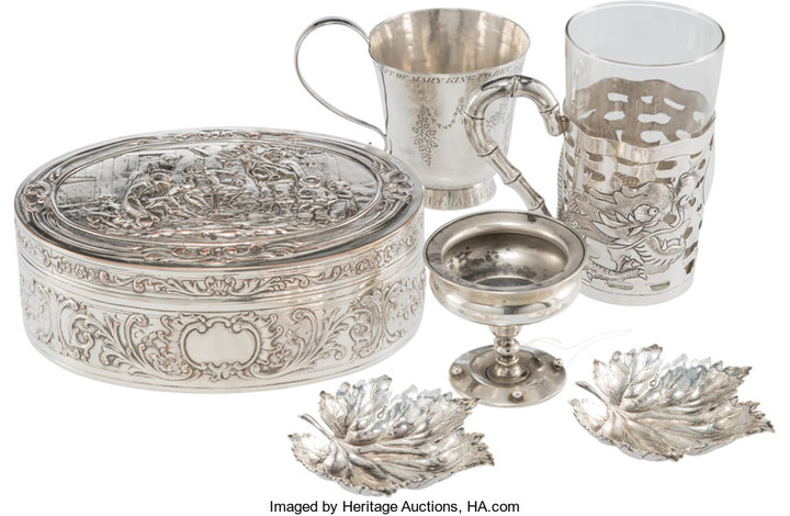 21046: Six Silver Silver-Plated Table Articles, 19th-ea