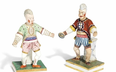 TWO DERBY FIGURES OF GRIMALDI THE CLOWN, CIRCA 1820, CROSSED BATONS AND CROWNED D MARKS TO ONE