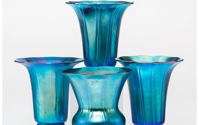 23046: Four Steuben Blue Aurene Glass Shade Vases, circ