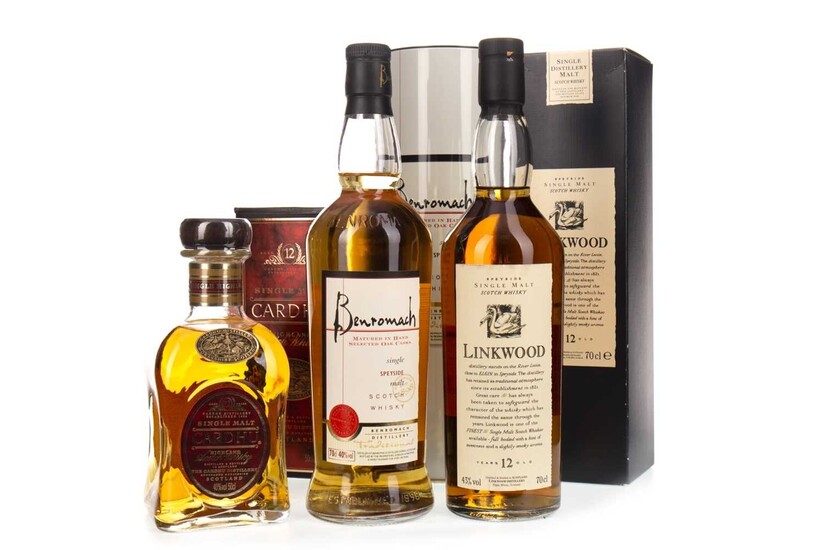 BENROMACH, LINKWOOD 12 YEARS OLD FLORA & FAUNA, AND CARDHU 12 YEARS OLD 50CL BOTTLE