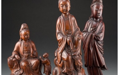 28046: Three Chinese Wood Guanyin Figures 13-1/4 x 4-1/