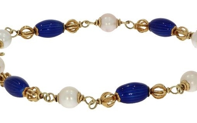 Vintage - 14 kt. Yellow gold - Bracelet Lapis Lazuli - Pearl