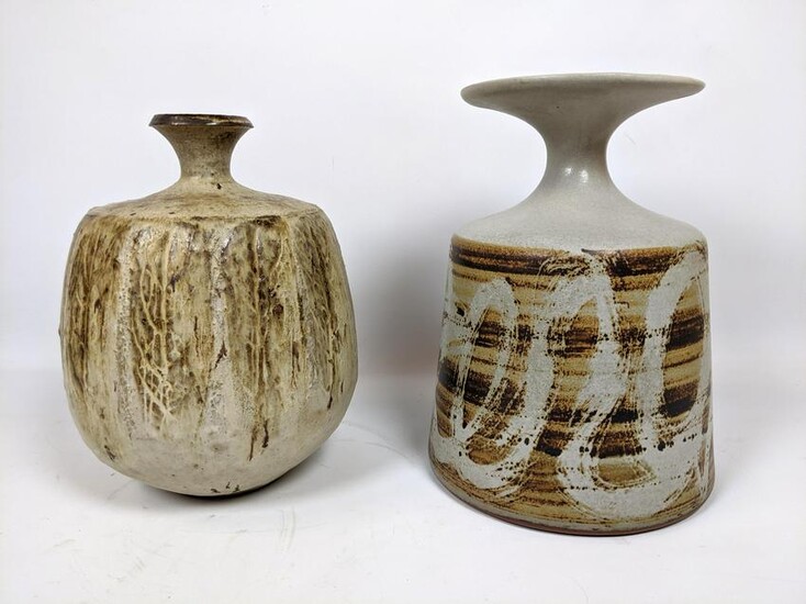 2pcs Studio Art Pottery Vessel Vases. 1 with Designs We