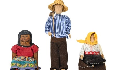 3 Guatamalen Folk Art Hand Carved Doll Statues