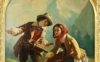 19thC Austrian, Young Hikers, Oil on Canvas