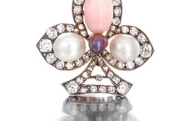 A 19th century natural pearl, conch pearl and diamond brooch