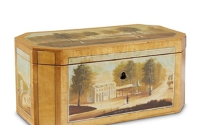A Belgian painted and polychrome-decorated satinwood "Spa" tea caddy...