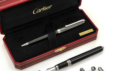 CARTIER PENS AND CUFFLINKS SET LIMITED EDITION, 0286/1847 and 0299/1847 A very fine black lacquer and platinum-finish ballpoint pen, fountain pen with 18K white gold nib and 925 sterling silver a pair of cufflinks.