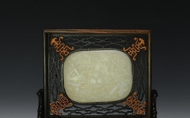 Carved White Jade Plaque in Frame 19th Century