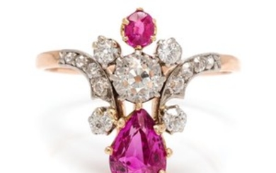 An Edwardian Platinum Topped Rose Gold, Pink Sapphire and Diamond Ring