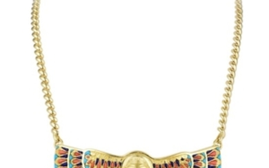 Egyptian Scarab Coral Turquoise and Diamond Necklace
