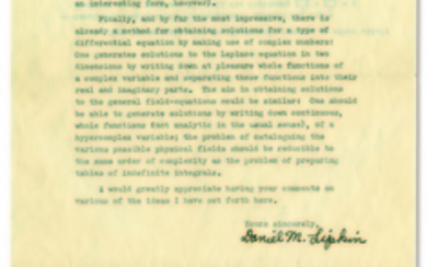 EINSTEIN, Albert (1879-1955). Typed letter signed (''A. Einstein'') to Daniel M. Lipkin, Princeton, 13 October 1952. [With:] an enclosure, being Lipkin's letter to Einstein, Philadelphia, 7 October 1952 bearing Einstein's autograph marginalia and a...