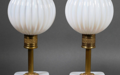 Pair of French Milk Glass & Bronze Accent Lamps