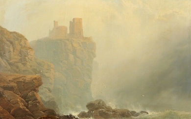 George Blakie Sticks: Castle on a cliff. Signed and dated G.B. Sticks 1893 and on the reverse. Oil on canvas. 38×46 cm.