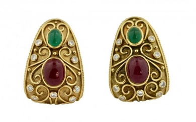Pair Gold, Cabochon Ruby, Emerald and Diamond Earrings