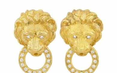 Pair of Gold and Diamond Lion Head Earclips, Van Cleef & Arpels