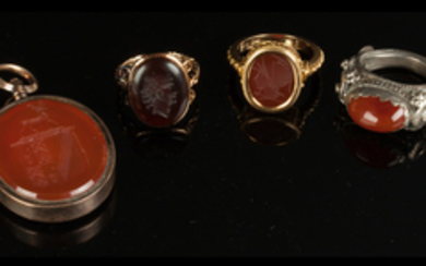 Group of Gold and Hardstone Rings & Pendant