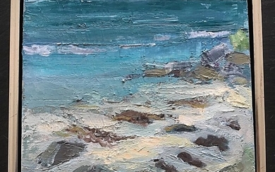 Lene Palm Larsen: “Stranden” (“The beach”.) Signed Monogram. Oil on canvas. 29×34 cm.