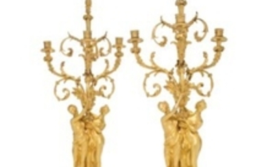 A PAIR OF LOUIS XVI ORMOLU AND WHITE MARBLE THREE-LIGHT FIGURAL CANDELABRA, LATE 18TH CENTURY