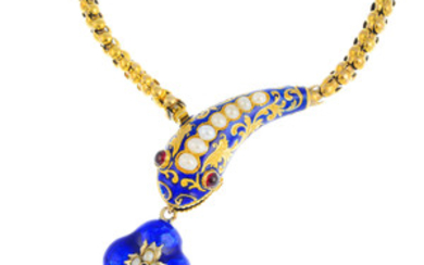 A mid Victorian 18ct gold, enamel and gem-set snake necklace. View more details