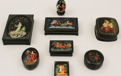 MISCELLANEOUS GROUP OF 8 RUSSIAN BLACK LACQUERED BOXES