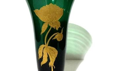 Moser Emerald Green Vase With Gold Etched Peony