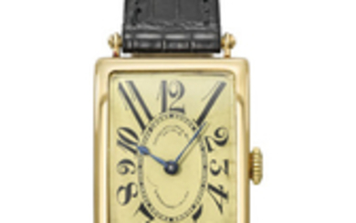 PATEK PHILIPPE. A RARE AND EARLY 18K GOLD RECTANGULAR CURVED HINGED WRISTWATCH WITH GILT DIAL AND “EXPLOSION” NUMERALS, SIGNED PATEK PHILIPPE & CO, GENEVE, RETAILED BY EBERHARD MILAN, REF. 10, MOVEMENT NO. 192’464, CASE NO. 287’540, MANUFACTURED IN 1919