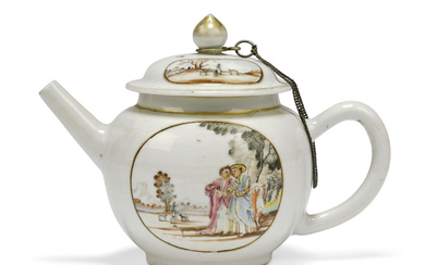 A RARE CHINESE FAMILLE ROSE 'EUROPEAN-SUBJECT' TEAPOT AND COVER, QIANLONG PERIOD, CIRCA 1750