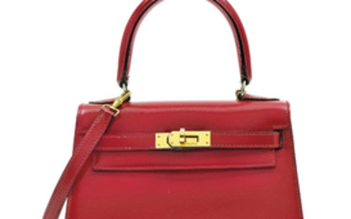 A ROUGE VIF CALF BOX LEATHER SELLIER MINI KELLY 20 WITH GOLD HARDWARE, HERMÈS, 1989