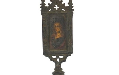 Russian bronzed table icon hand painted with Madonna