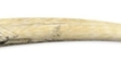 SCRIMSHAW WALRUS TUSK Depicts the H.M.S. Blenheim and two other ships anchored off cliffs known as the Downs in southern England, a...