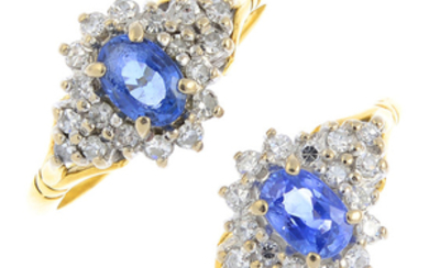 Two 18ct gold sapphire and diamond cluster rings.