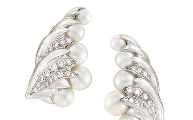 Pair of White Gold, Cultured Pearl and Diamond Earclips, Seaman Schepps