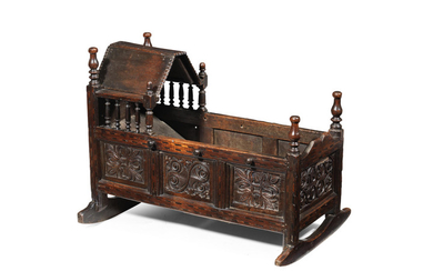 An unusual Charles II joined oak and inlaid cradle, South-West Yorkshire/East Lancashire, circa 1680