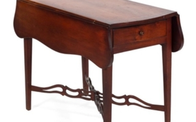 HEPPLEWHITE PEMBROKE TABLE In cherry. Serpentine leaves. Single drawer at one end of apron. Tapered legs joined with pierced cross-s...